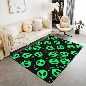 Alien Print Area Rugs, Trippy UFO Alien Non Slip Carpet Neon Green